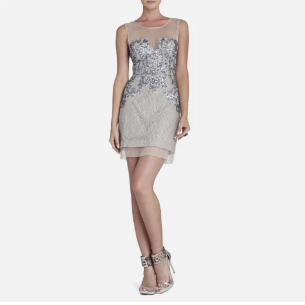BCBG Maxazria Silver Sequin and Lace Abigail Cocktail Dress - size 4 Small